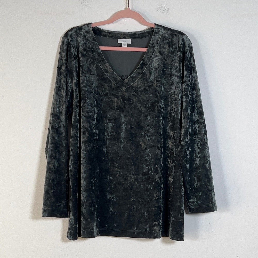 J. Jill Crushed Velvet Top Womens L Green V-Neck Long Sleeve